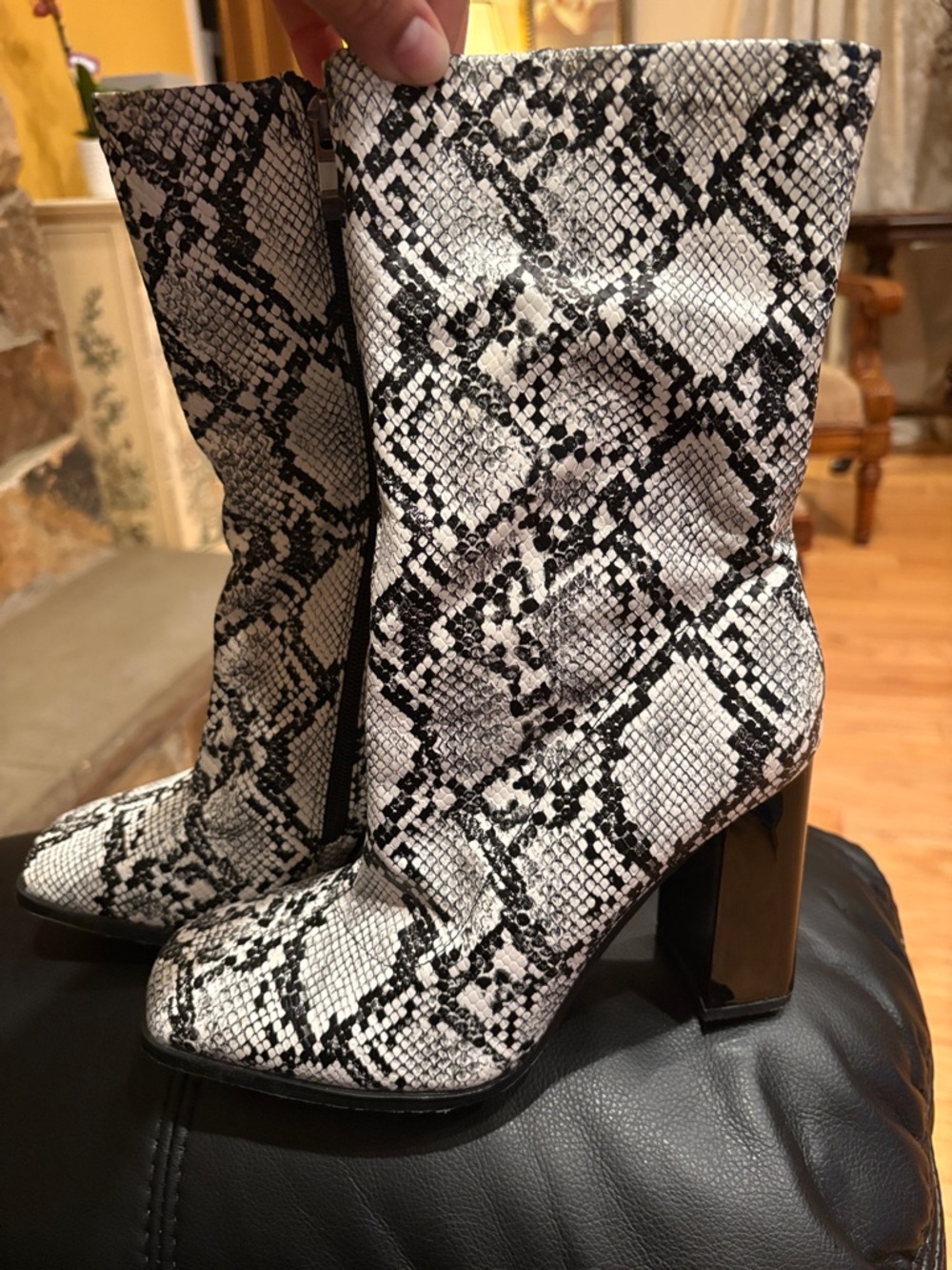 Snake-Print Mid-Calf Block Heel Boots - White/Black
